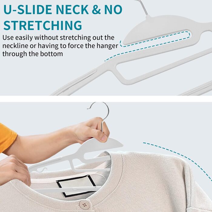 Плечики для одягу з пластику, набір 20 шт. з неслизьким покриттям, для краваток, обертаються на 360°, APY04G (білий + срібло)