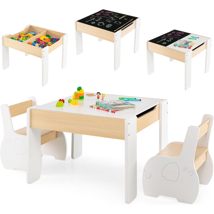 Дерев'яний дитячий стіл з 2 стільцями DREAMADE, 3 шт. Дитяча меблева група з двостороннім столом та місцем для зберігання, набір меблів для дітей, для хлопчиків та дівчаток (білий)