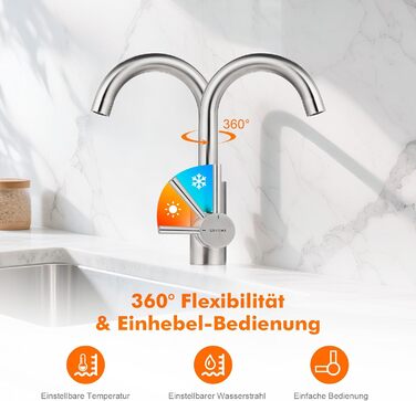 Змішувач для ванної кімнати GRIFEMA, 360° поворотний, однорідний, нержавіюча сталь, 180 мм, холодна та гаряча вода, економія води, проста установка, 3/8″ з'єднання, для гостьового туалету, G1002A сірий