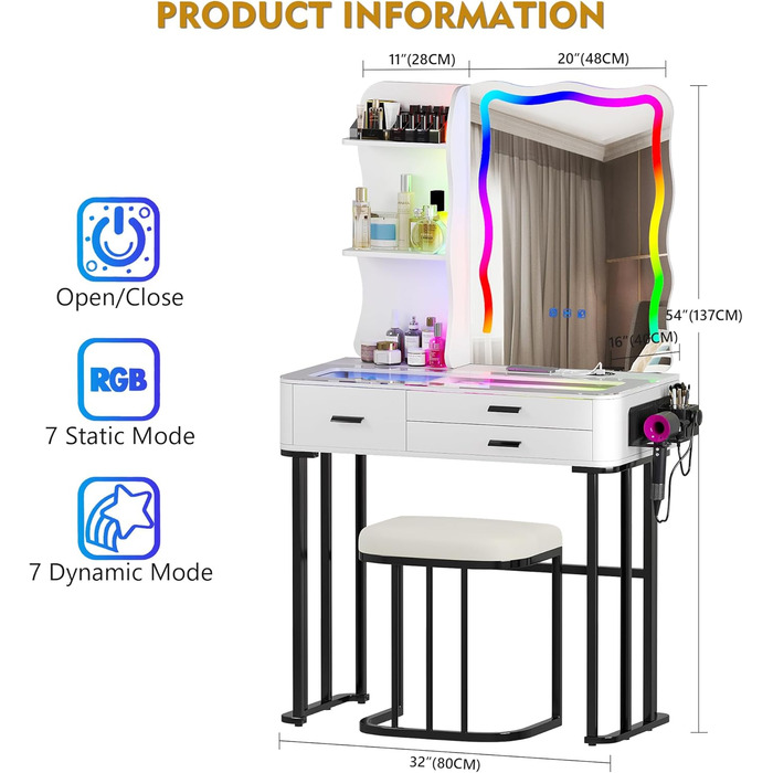 Туалетний столик Figbird з дзеркалом, RGB LED, табурет, ящики, скляна стільниця, підставка для губної помади та фена