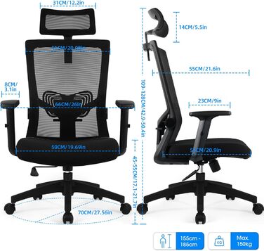 Ергономічне крісло Daccormax для офісу: регульована спинка, підголівник, підлокітники, чорний, 150 кг