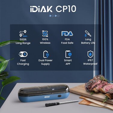 Бездротовий термометр для м'яса для гриля та копчення, 500FT, Bluetooth, для BBQ, духовки, гриля, коптильні, Sous Vide - блакитний