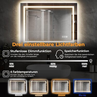 LED-дзеркало для ванної кімнати з підсвічуванням 70x50 см, 4 мм без міді, сенсорне керування, регулювання кольору світла, протизапітніння, Smart-дзеркало