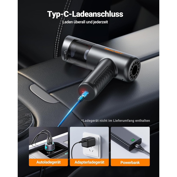 Акумуляторний ручний пилосмик SEALIGHT 32000Па, бездротовий автомобільний міні-пилосос 4-в-1 з безщітковим двигуном для шерсті тварин, авто та дому, темно-сірий матовий чорний