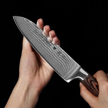 Нож Santoku Wakoli з дамаської сталі (серцевина VG10), 17 см – гострий кухонний ніж для всіх видів нарізок, з ручкою з паккавуду в подарунковій коробці (з гравіюванням)