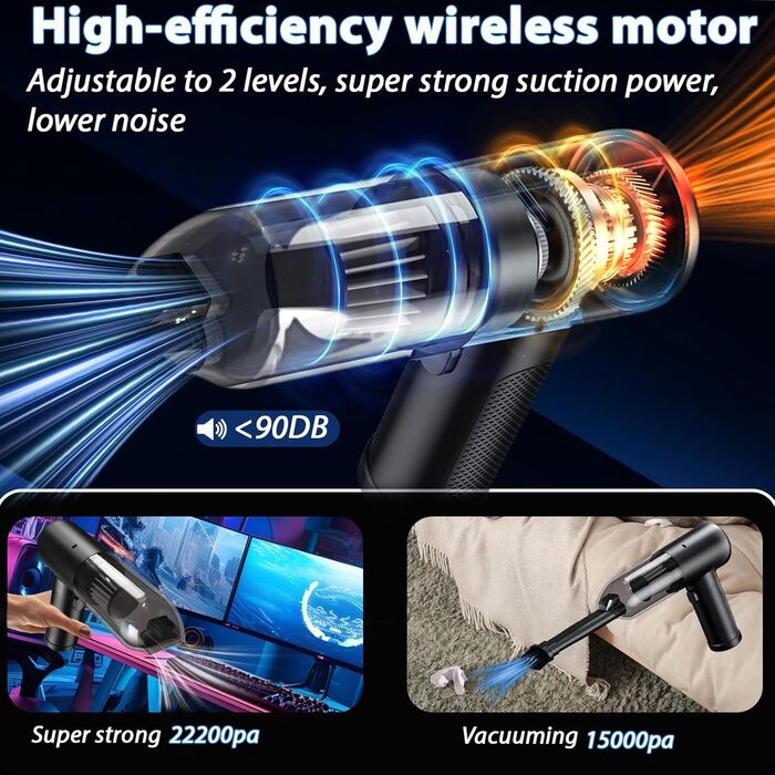 Акумуляторний ручний пилосос NEU 2026 для авто та дому, бездротовий міні-пилосос 28000Па з безщіточним двигуном та функцією самоочищення, 4-в-1, чорний з золотом