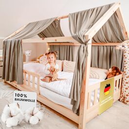 Балдахін для ліжка Lilimaus House - Балдахін з мусліну зі 100 бавовни - Прикраса ліжка для будинку - Подарунок для дівчаток і хлопчиків - Штори для ліжка з балдахіном для дитячих ліжок 90x200 & 120x200 - балдахін Прикраса дитячої кімнати світло-бежевий комплект 2 135 х 270см
