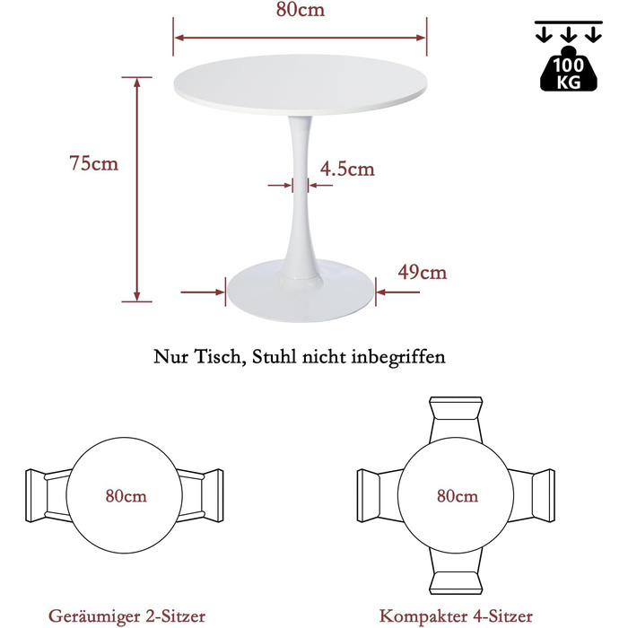 Круглий обідній стіл Cosy - компактний стіл для кухні, вітальні, офісу, 80x80x75 см, білий