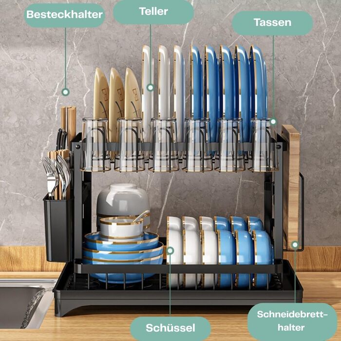 Сушарка для посуду нержавіюча сталь, 2-ярусна, з піддоном та відділенням для столових приборів, компактна для кухні