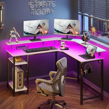 Комп'ютерний стіл Rolanstar L-подібний з RGB підсвічуванням та розетками, геймінговий стіл з реверсивним кутом, полицею та 2 гачками, для офісу, робочого кабінету, спальні (117см), білий (137 x 72 x 117 см)