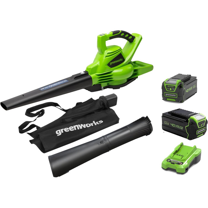 Акумуляторний листозбірник/лістовий повітродув Greenworks 40V GD40BVK2X з безщітковим двигуном, 370 км/год, 14.17 м³/хв, 45л мішок для збору листя, 3 роки гарантії, 5Ah акумулятор та універсальне зарядне пристрій + бонусний акумулятор 4Ah