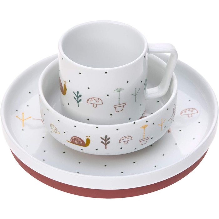 Набір дитячого посуду LÄSSIG Garden Explorer: тарілка, миска, чашка з силіконовим кільцем (червоний)