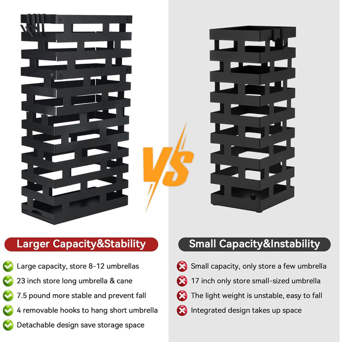 Підставка для парасольки, біла, велика металева з піддоном та гачками, 58,4 см, для дому, офісу, готелю