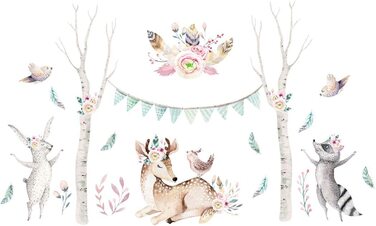 Наклейка на стіну із зображенням лісових тварин (оленя, кролика, птиці), листя, лісу