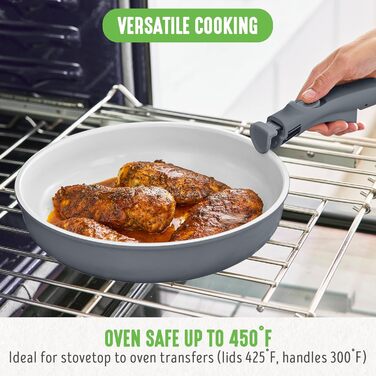 Набір посуду GreenLife 10 предметів з антипригарним покриттям, знімні ручки, складаний посуд, антитоксичні, без PFAS сковороди, індукційні каструлі та сковороди, економія місця, сервіровочні миски (Сірий (Графіт//Nature's Delight))