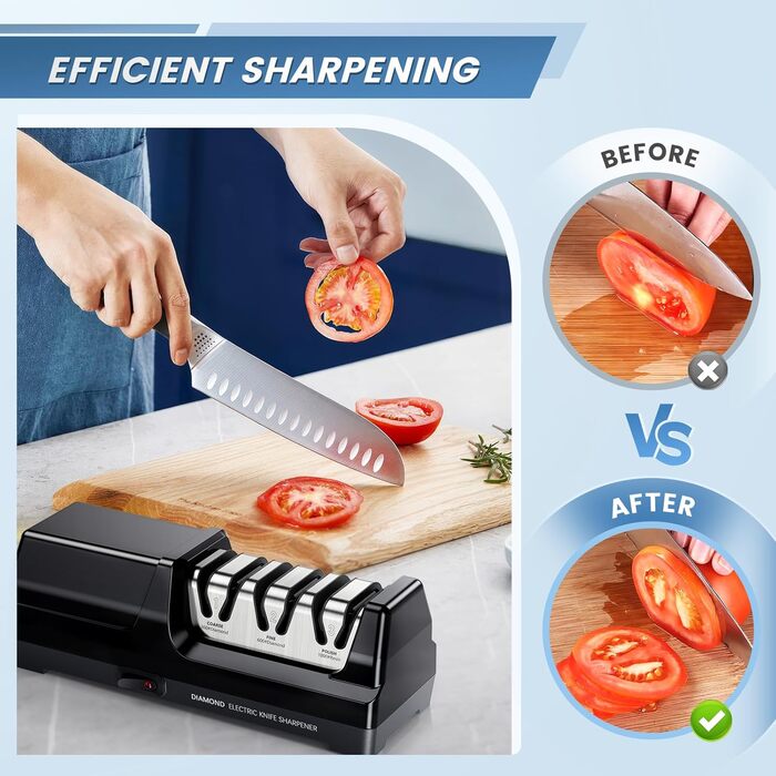 Електричний точило для ножів MusyVocay з алмазним покриттям, професійне 3-ступеневе, кухонне точило з регулюванням кута 20 градусів для грубого шліфування та відновлення леза (чорний)