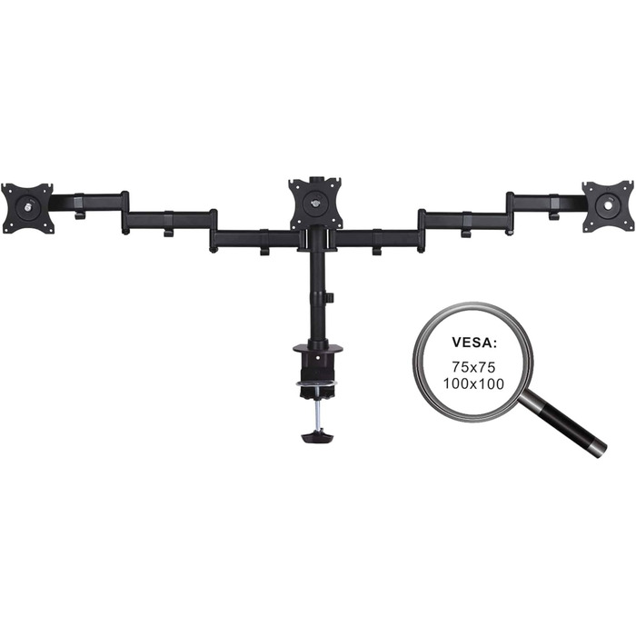 Кріплення для монітора PureMounts для 3 моніторів, 17-32 дюйми, до 8 кг, VESA 75/100, 360° обертання, регулювання висоти та нахилу, чорний
