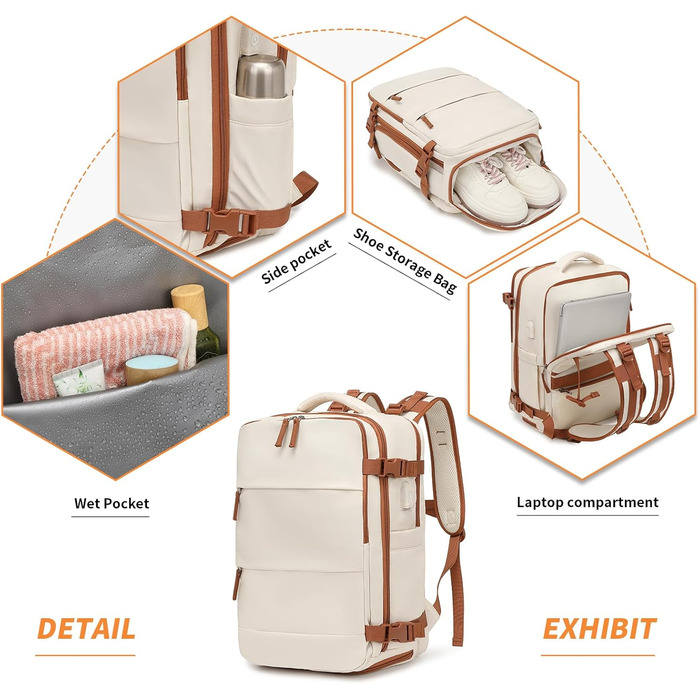 Рюкзак KONO для ручної поклажі 42x30x20, 25L, для ноутбука, Outdoor, для подорожей, спортивний, Weekender, з відділенням для взуття, 42.0 x 30.0 x 20.0 см, Бежевий та Коричневий