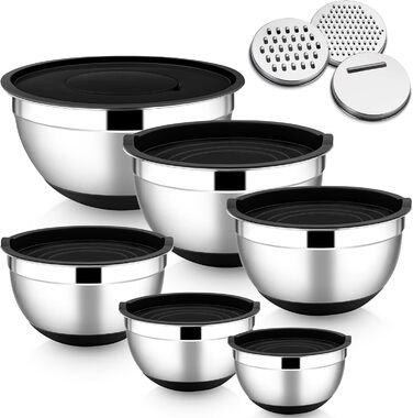 Набір мисок HaWare 6 шт. з нержавіючої сталі, набір салатників з герметичними кришками та 3 насадки для тертя, об'єм 4,6/2,8/2,5/1,6/1,2/0,7 л, антиковзний силіконовий низ, придатні для миття в посудомийній машині, чорний колір