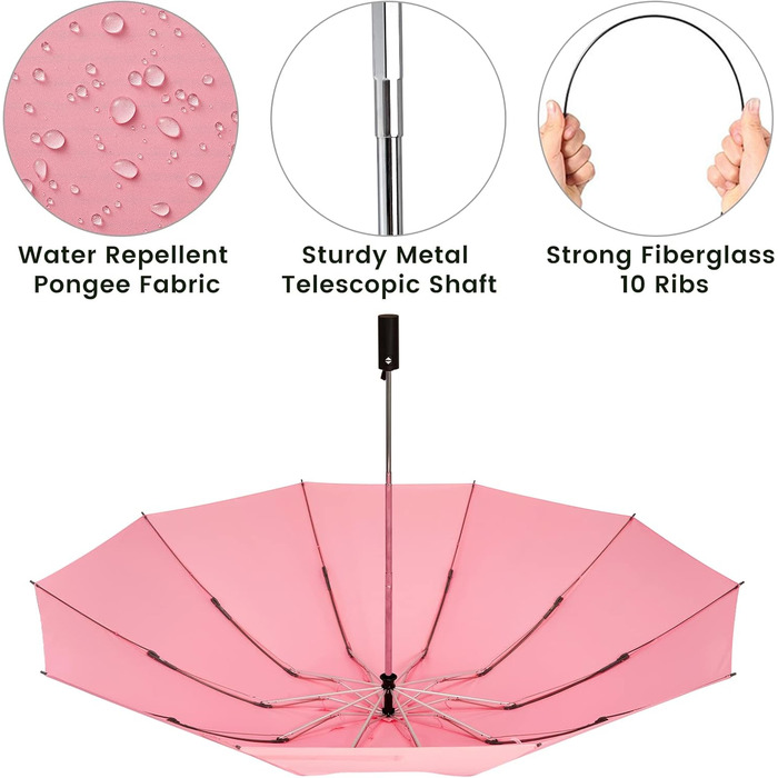 Дюймова штормозахисна парасолька із захистом від ультрафіолету UPF 50, автоматичне відкриття-закриття, компактна, 10 ребер (A-рожева), 4Free 54-