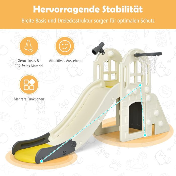 Дитячий ігровий комплекс COSTWAY 6-в-1: гірка, драбинка, баскетбольне кільце, кільця для кидання, тунель, телескоп. Для дітей від 3 років, жовтий.
