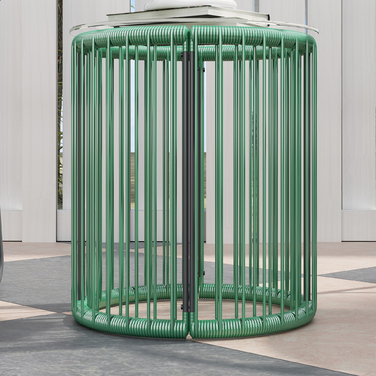 Набір садових меблів на 3 місця: 1 стіл, 2 стільці. Скло стільниці, плетіння з пластикового ротангу на сталевому каркасі, м'які подушки, колір - зелений.