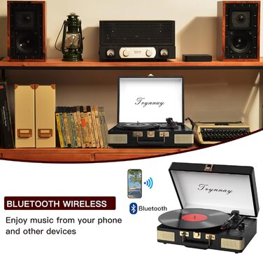 Вініловий програвач Trynnay 3-швидкісний, Bluetooth, портативний у кейсі, з вбудованими динаміками, покриття з PU-шкіри, ретро чорний