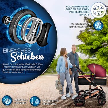 Дитяча коляска 3 в 1 KIDUKU® XXL Комплект | Комбінована коляска з люлькою, візком та автокріслом | Повний комплект з підніжкою, пелюшкою, грічкою, дощовиком та столиком | Повнорозмірні колеса, ECE R129, Бордовий / Мідно-золотий