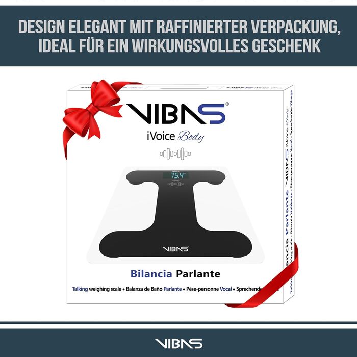 Ваги для ванної кімнати VIBAS iVoice Body Talking, для сліпих або літніх людей, розмовляють 5 мовами, чіткий голос, повторення ваги, регульована гучність, в т.ч. батарейки (чорні)