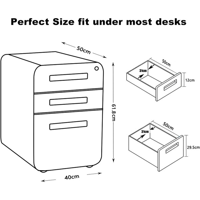 Роликовий контейнер DeHong з металу, мобільний офісний шафчик з 3 висувними ящиками, офісний контейнер, з можливістю замка та регульованих папок, збірно-розбірний, для офісу, дому, чорний