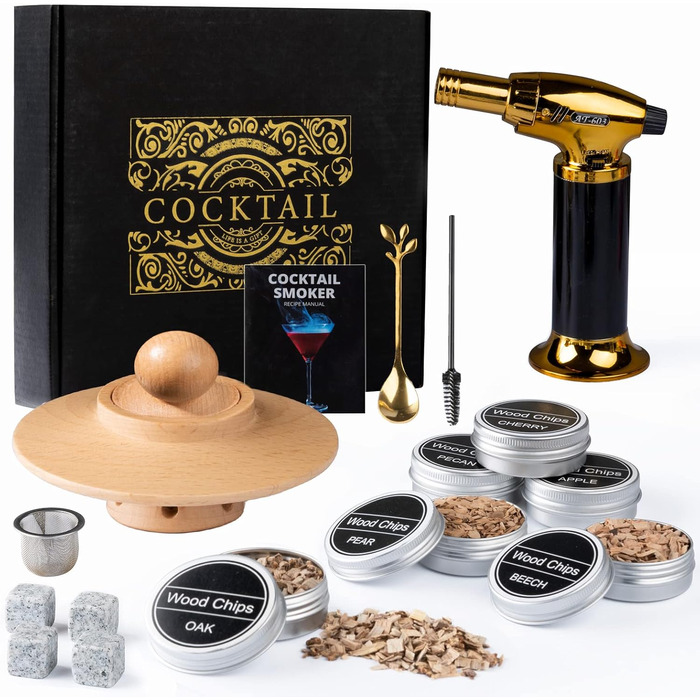 Набір для копчення віскі – Old Fashioned Cocktail, з 6 ароматичними дерев'яними чіпсами, 4 гранітними каменями для віскі, запальничкою та аксесуарами для любителів віскі та коктейлів (без бутану). Класичний набір