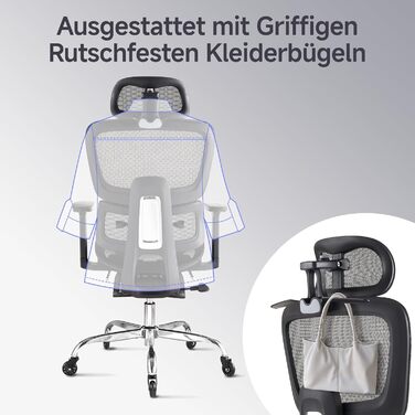Ергономічне крісло для офісу з підніжкою та подушкою для шиї, 5-рівневе регулювання спинки, 2D підтримка попереку, 3D підлокітники/підголівник, функція нахилу 145°, сітчасте сидіння, гумові колеса, чорний колір, Pro