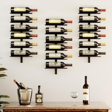 Настінна полиця для вина TJ.MOREE на 12 пляшок, дерев'яний винотримач для кухні, бару, їдальні - чорний комплект 6 шт.