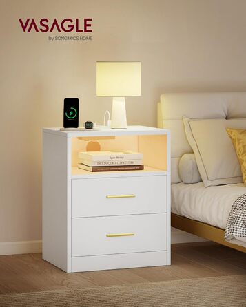VASAGLE Custos: Набір з 2 тумбочок з LED-підсвіткою та зарядкою, білий, з шухлядами та USB-портами