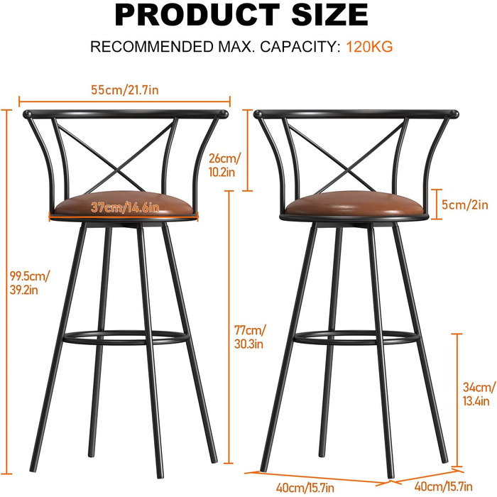 Барні стільці bigzzia, набір з 2 шт. , регульовані по висоті, PU шкіра, поворот на 360, ретро стиль, коричневий