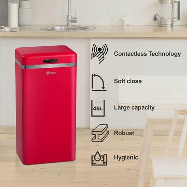 Відро для сміття Swan Retro з датчиком руху, 45 л, металеве, червоне. Інтелектуальний контейнер для переробки від Swan
