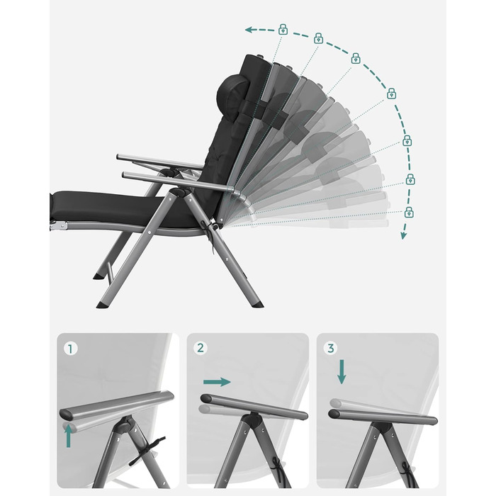 Лежак SONGMICS GCB24BK з товстою матрацом 6 см, алюмінієвий, неслизький, дихаючий, регульований, вантажопідйомність 150 кг, чорний