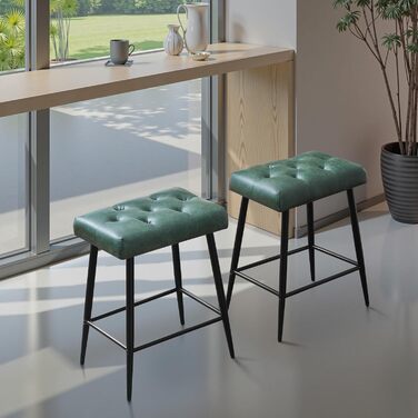 Набір з 2 барних стільців, м'яке сидіння з мікрофібри, ретро дизайн з підніжкою, висота 62.5 см, без спинки, для кухні, бістро, їдальні - сірий (зелений туфтинг)