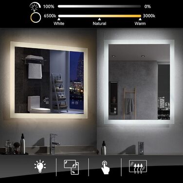 Дзеркало для ванної кімнати Badspiegel 120x70 см з підсвічуванням LED, сенсорне керування, антизапітніння, регулювання яскравості, біле світло (60x80 см)