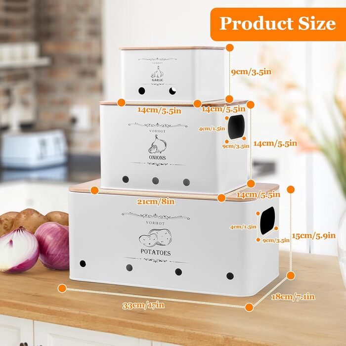 Набір контейнерів для зберігання картоплі, цибулі та часнику (3 шт.), бамбуковий кришка, білий