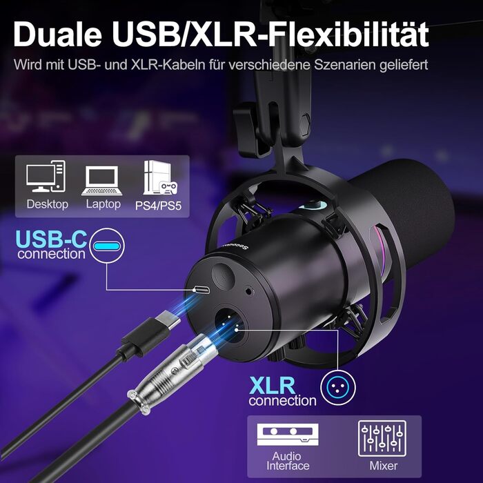 Сокодокс XLR/USB мікрофон з підставкою, мікрофон для стрімінгу з шумозаглушенням, регулятором гучності, мікрофон для подкастів, студії, геймінгу та запису