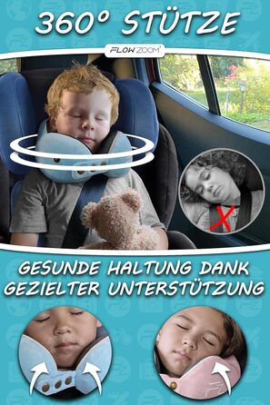 Подушка для шиї FlowZoom Comfy - для автомобіля та літака, з Memory Foam, регульована, 360° підтримка, дихаючий чохол, чорна (також є блакитна модель Comfy Kids S)