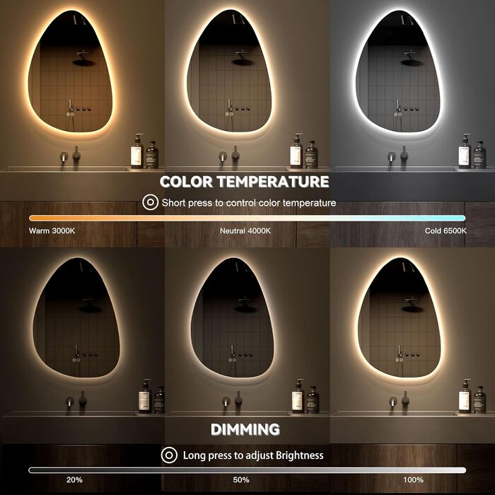 Дзеркало для ванної кімнати Dripex LED з підсвічуванням, сенсорне керування, регулювання яскравості, 3 кольори світла, без запотівання, 85x52 см