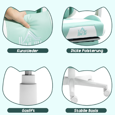 Ігрове крісло HOMCOM з котячими вушками, регульованою спинкою, висувною підніжкою, максимальною вагою до 120 кг, колір - морська хвиля