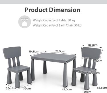 Дитячий стіл LIFEZEAL з 2 стільцями: набір меблів для дітей з пластику сірого кольору