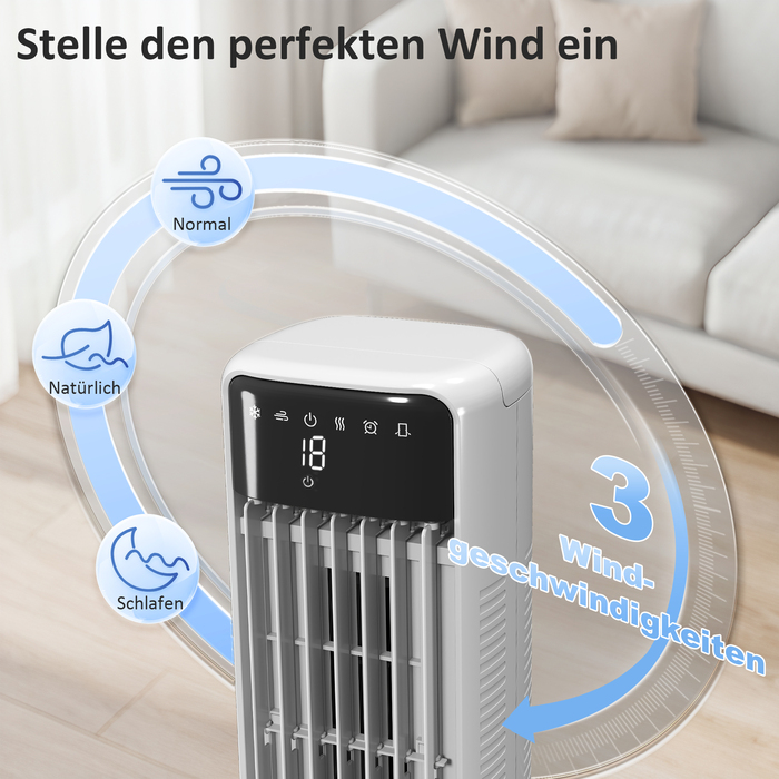 Портативний охолоджувач повітря 3-в-1 з резервуаром для води 9 літрів, кутом охоплення 48°, 3 швидкостями, 3 режимами, білий