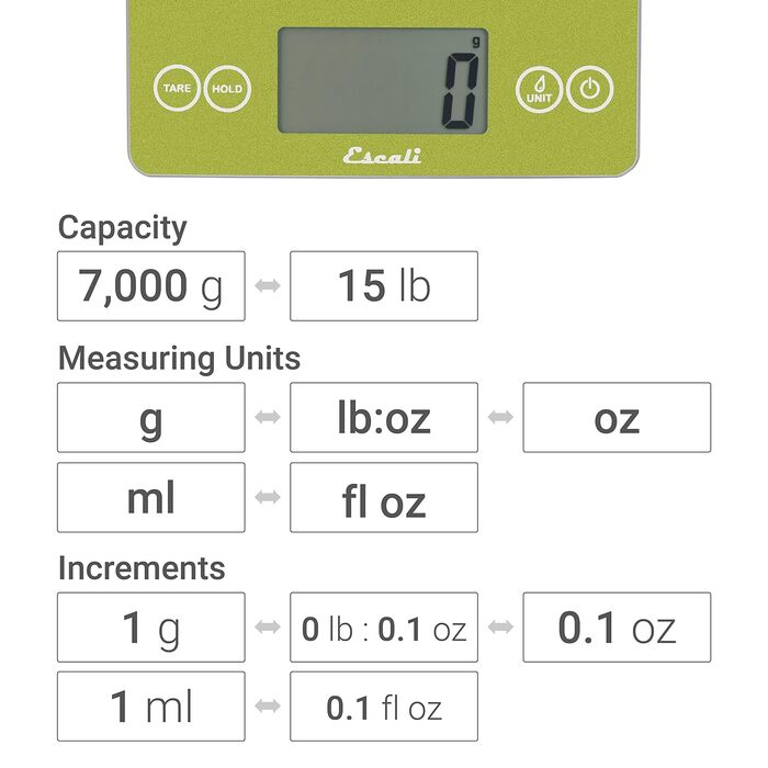 Кухонні ваги Escali 157GS Arti Glass Digital - Кухонні ваги з дисплеєм LDC - Ваги Кухонний офіс - Випічка - Хобі - Трав'яні ваги побутові ваги - 6,8 кг - Storm Grey - 23 x 16.5 x 2 см (соковитий зелений)