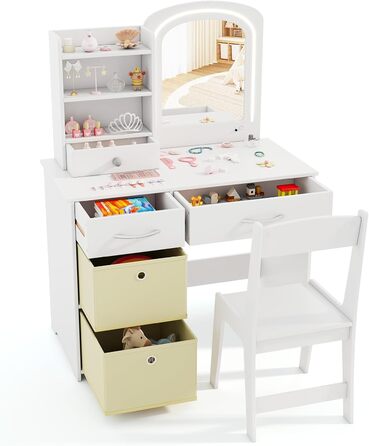 Дитячий туалетний столик DREAMADE для дівчаток з LED-підсвіткою, дерев'яний столик принцеси з відкритими полицями та 5 шухлядами, білий, від 3 років