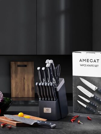 Набір ножів Amegat 14 предметів: кухонний набір з самозаточуванням, нержавіюча сталь, з ергономічними ручками