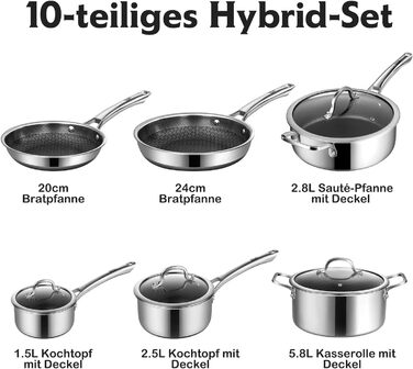 Набір каструль з нержавіючої сталі 10-ти частинний, індукційне дно, антипригарне покриття, 20/24 см сковороди, 1,5/2,5л каструлі з ручками, 5,8л ковшик, 2,8л сотейник, підходить для всіх типів плит, можна використовувати в духовці та мити в посудомийній м